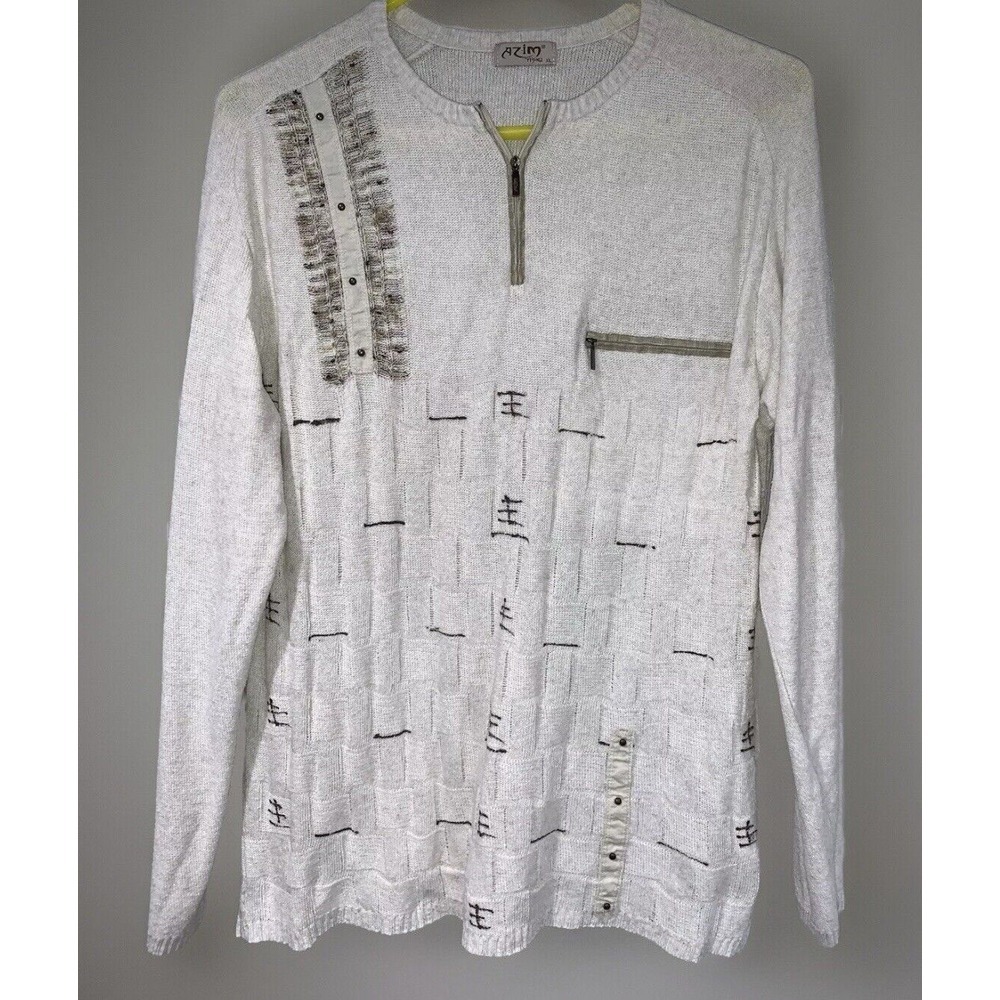 Azim Textured Knit Pullover Sweater Half Zip‎ Embellished Details Men's Size XL